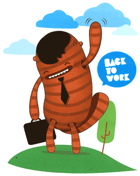 back-to-work Illustration of congenial monster carrying briefcase going "back to work"